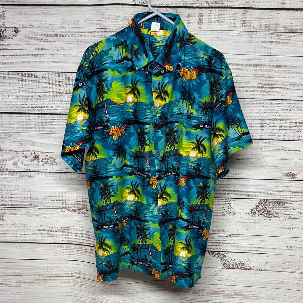 Creations St. Martin Tropical Button Down Shirt Large Teal